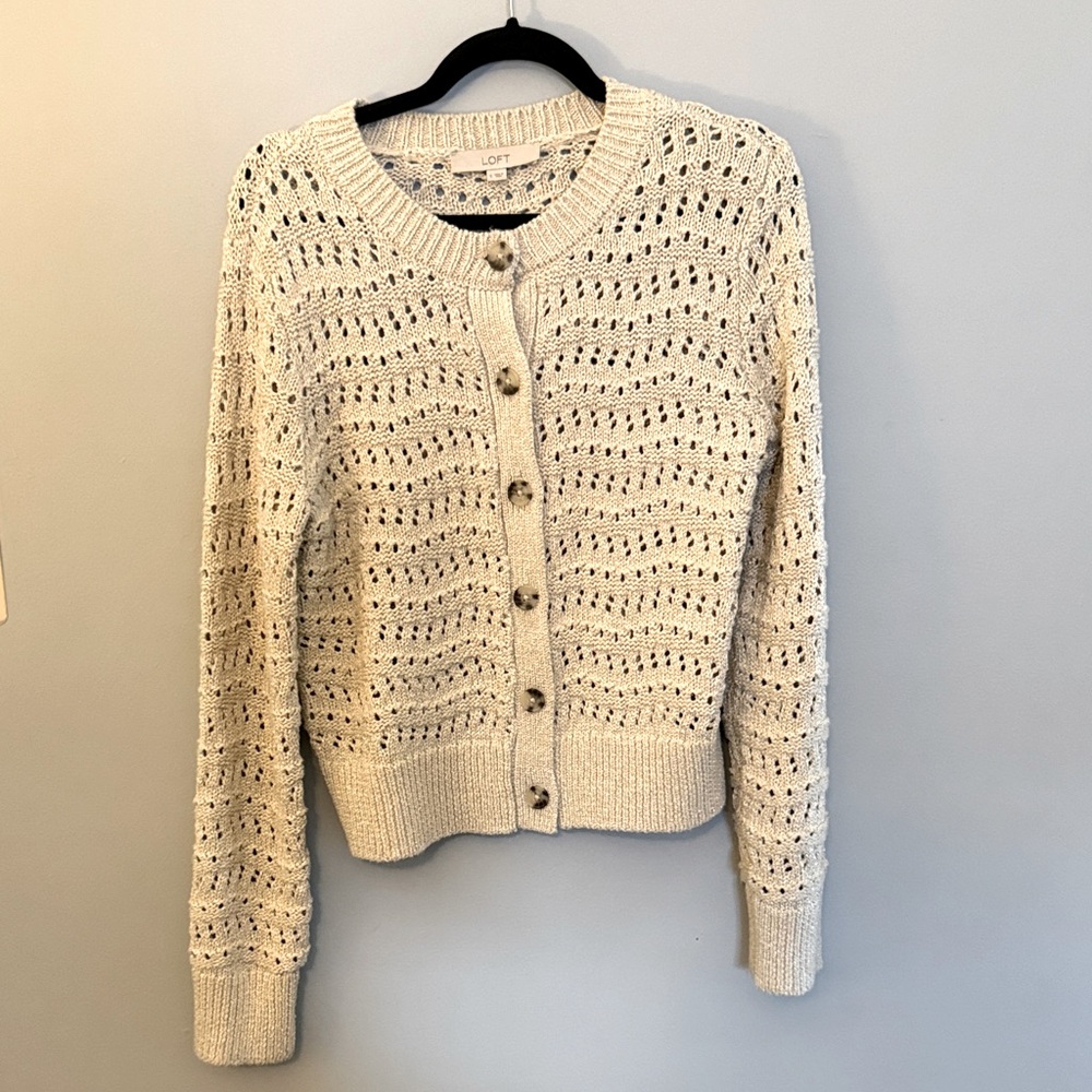 LOFT Ivory with gold threads Knit Button-Up Cardigan